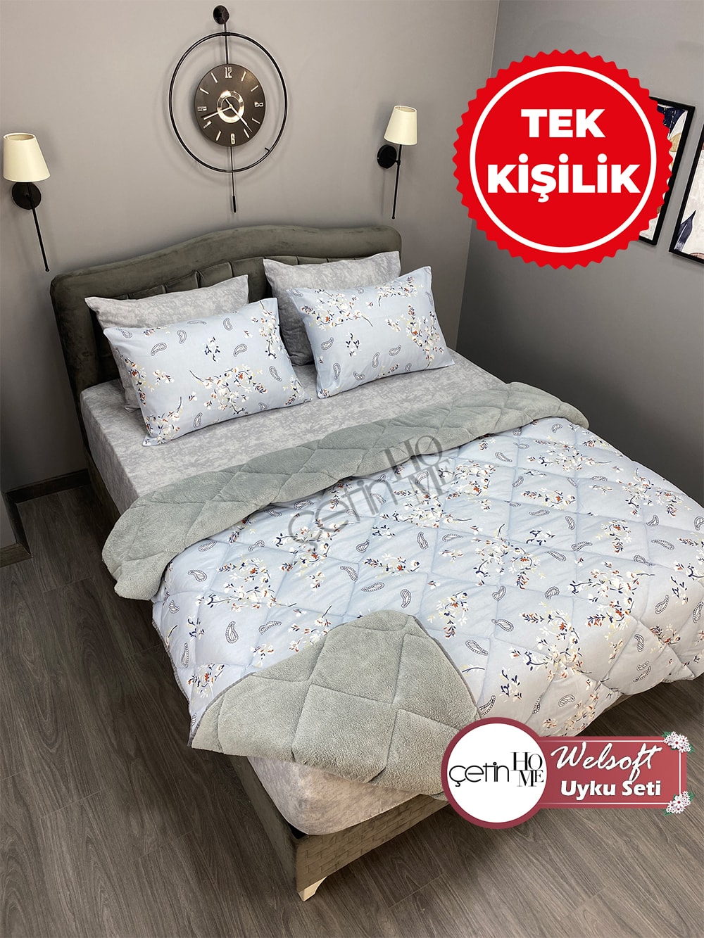 Çetinhome Tek Kişilik Çarşafı Lastikli Desenli Welsoft Yorgan Lavinya Mavi