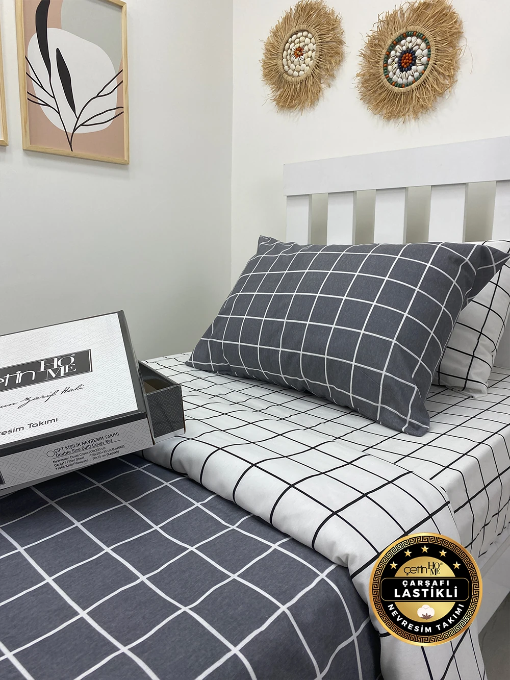 Çetinhome Çarşafı Lastikli Tek Kişilik Nevresim Takımı Kare Antrasit
