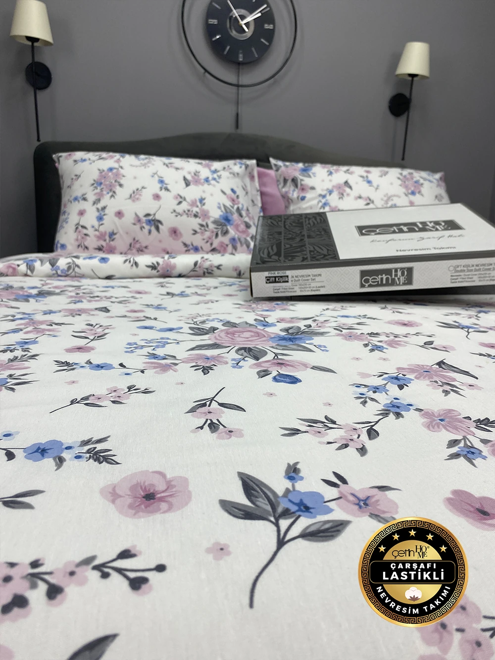 Çetinhome Çarşafı Lastikli Çift Kişilik Nevresim Takımı Pink Rose