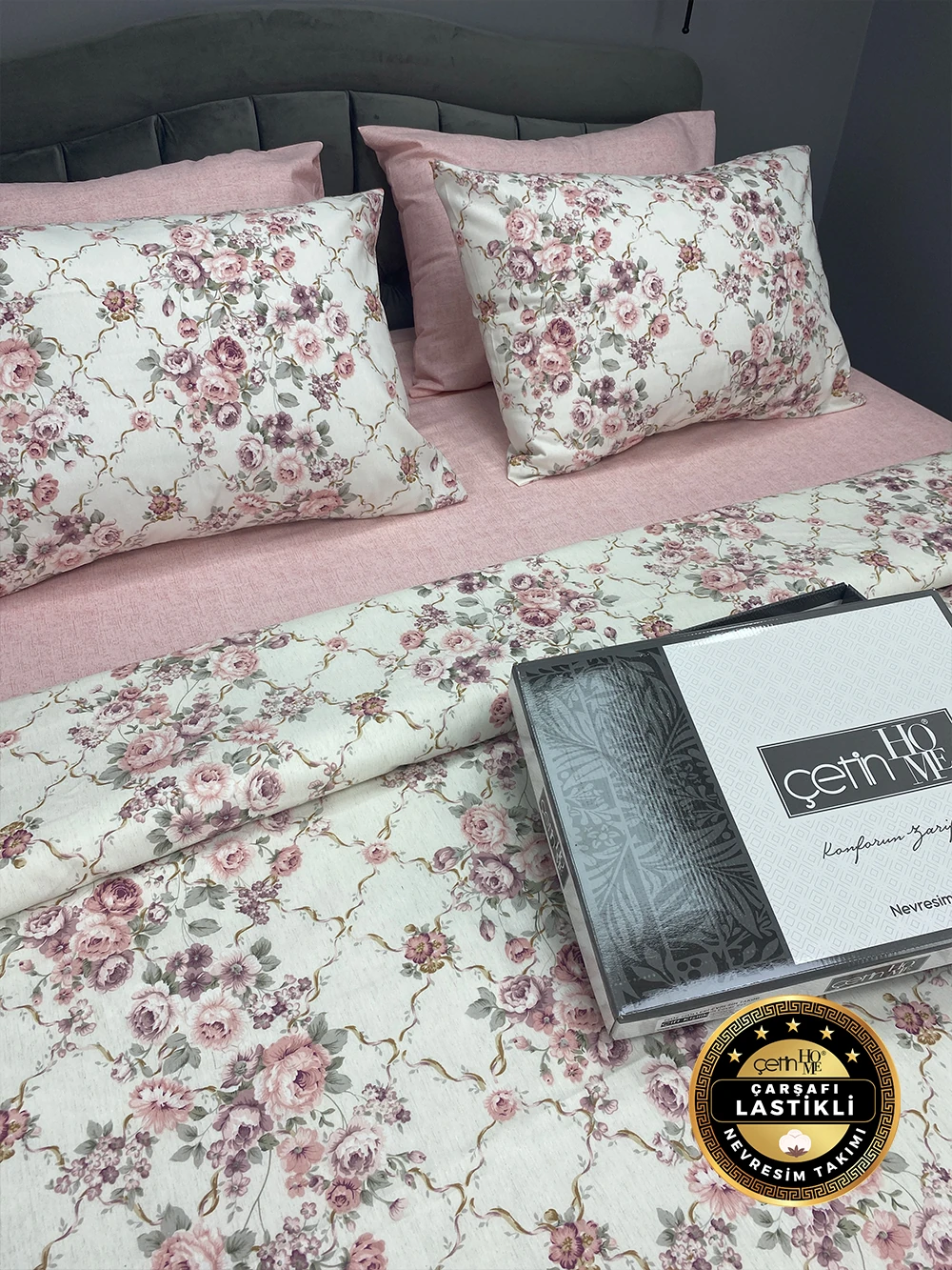 Çetinhome Çarşafı Lastikli Çift Kişilik Nevresim Takımı Güz Gülleri