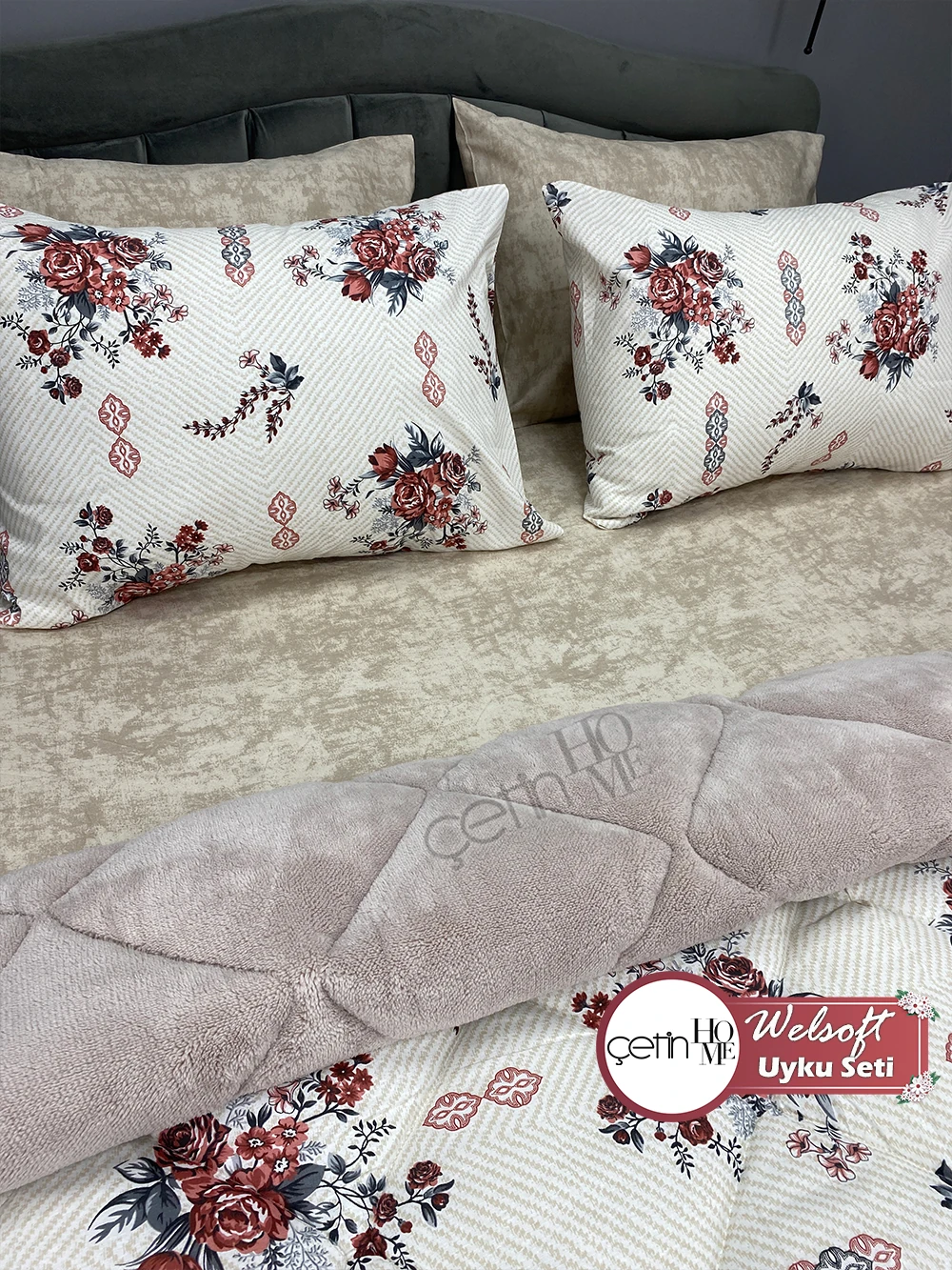 Çetinhome Çift Kişilik Çarşafı Lastikli Desenli Welsoft Yorgan Seti Hanzade