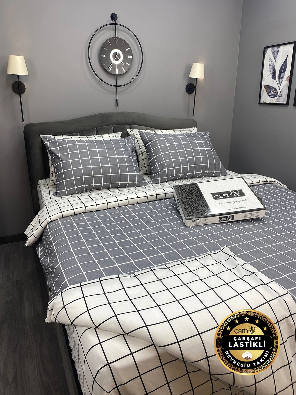 Çetinhome Çarşafı Lastikli Çift Kişilik Nevresim Takımı Kare Antrasit