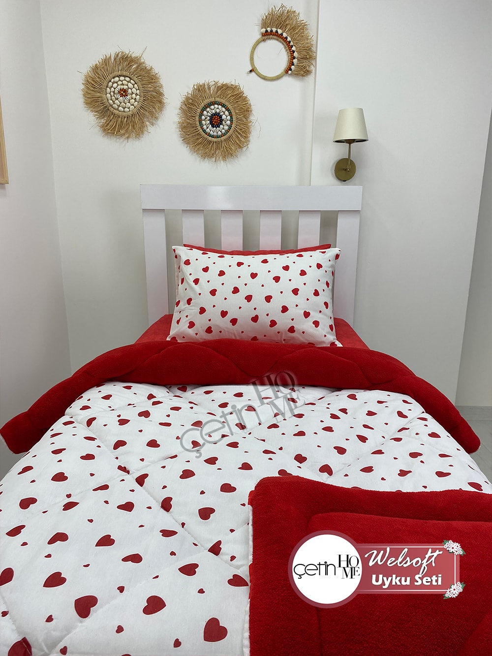 Çetinhome Tek Kişilik Çarşafı Lastikli Desenli Welsoft Yorgan Kalp Kırmızı