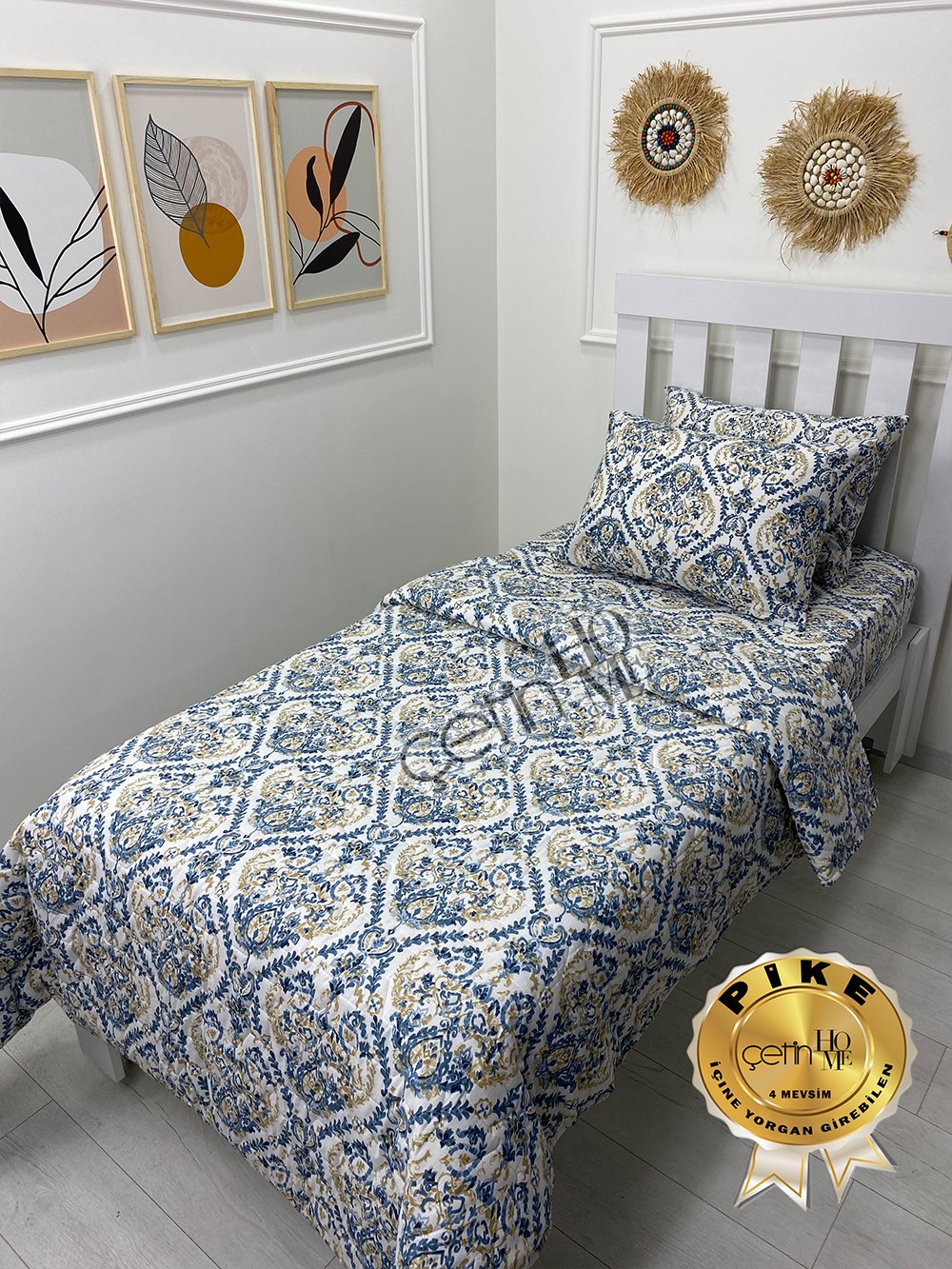 Çetinhome Tek Kişilik Çarşafı Lastikli Kapitone Pike Takımı 4 Mevsim Harem Mavi