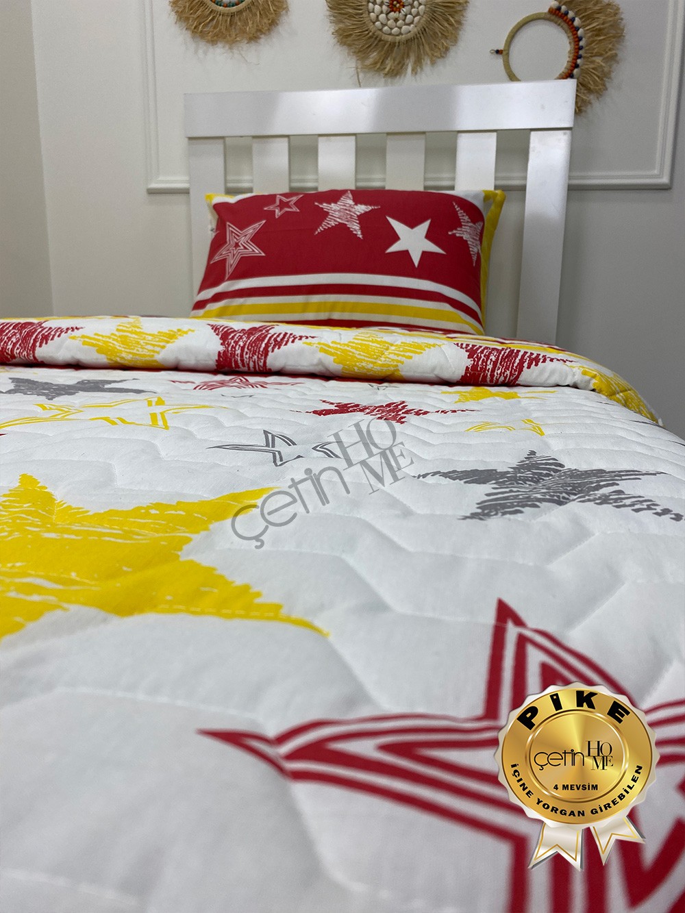Çetinhome Tek Kişilik Çarşafı Lastikli Kapitone Pike Takımı 4 Mevsim Sarı Kırmızı