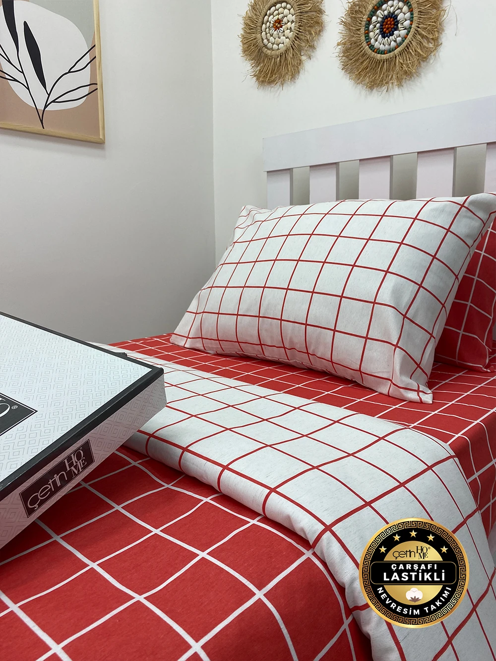 Çetinhome Çarşafı Lastikli Tek Kişilik Nevresim Takımı Kare Kiremit
