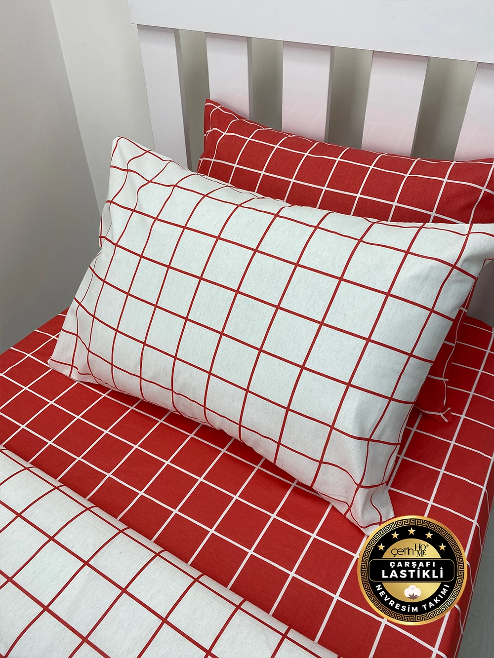 Çetinhome Çarşafı Lastikli Tek Kişilik Nevresim Takımı Kare Kiremit