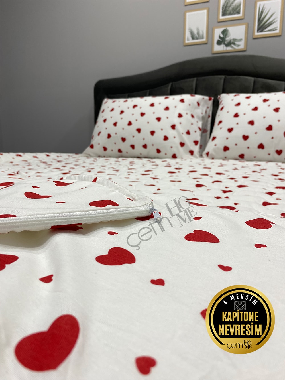 Çetinhome Çift Kişilik Kapitone Pike Seti 4 Mevsim Kalp