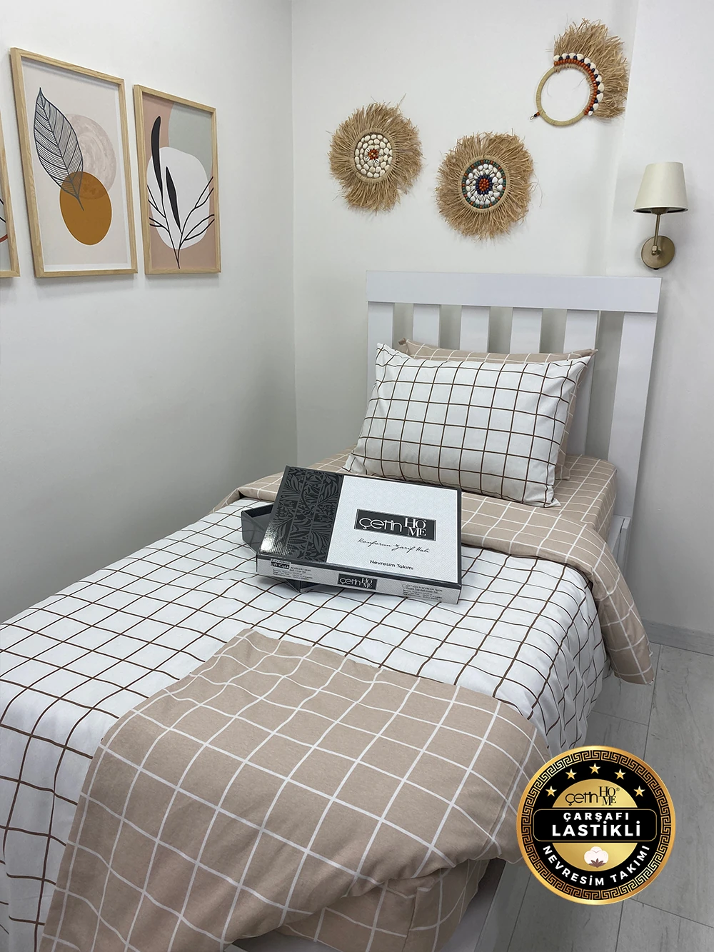 Çetinhome Çarşafı Lastikli Tek Kişilik Nevresim Takımı Kare Bej