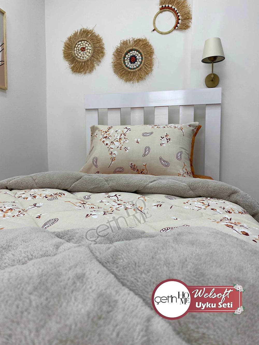 Çetinhome Tek Kişilik Çarşafı Lastikli Desenli Welsoft Yorgan Lavinya Bej