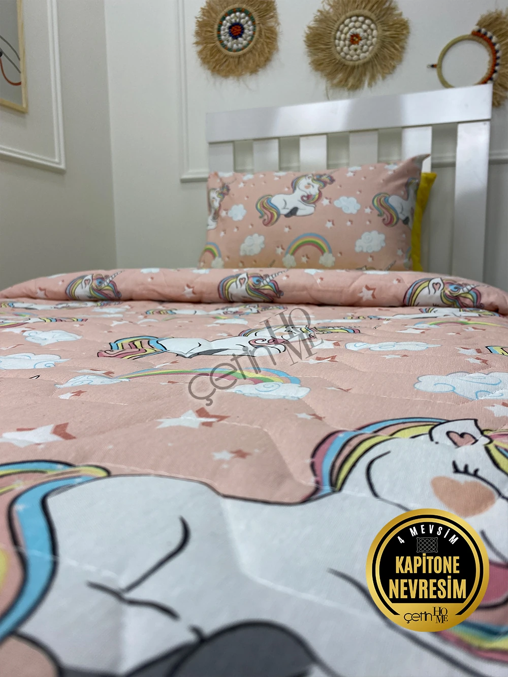 Çetinhome Tek Kişilik Çarşafı Lastikli Kapitone Pike Takımı 4 Mevsim Unicorn