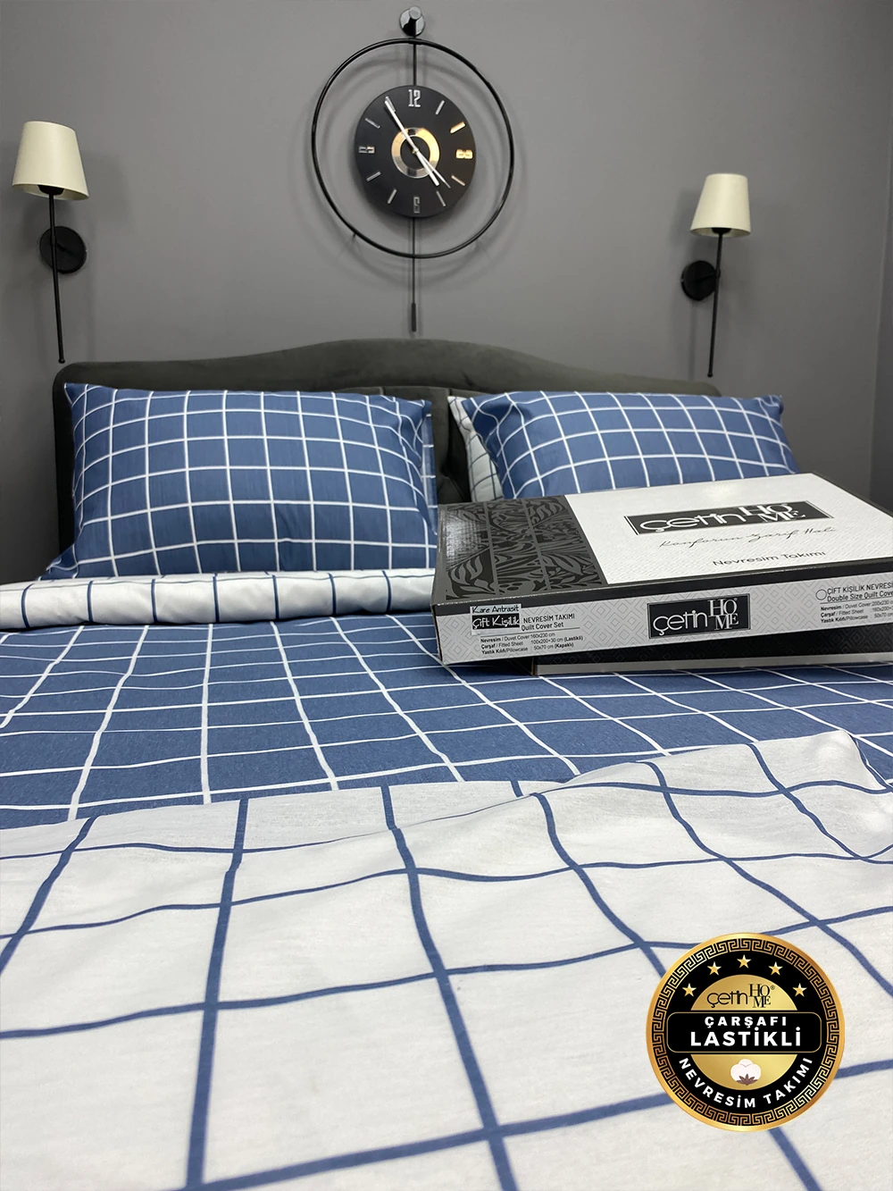 Çetinhome Çarşafı Lastikli Çift Kişilik Nevresim Takımı Kare Mavi