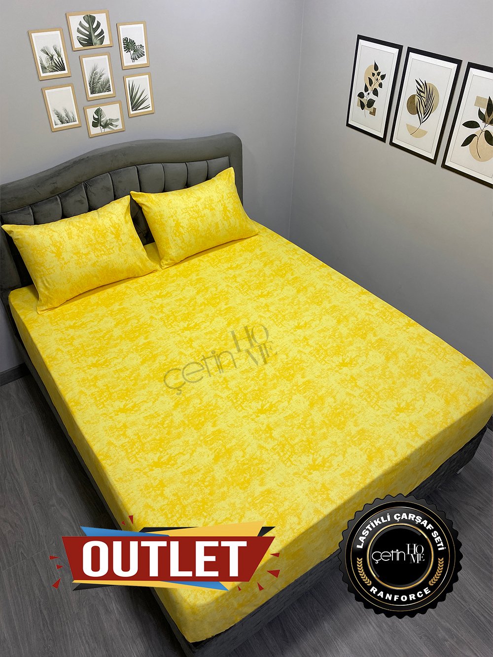 Outlet Kumaş Lastikli Çarşaf Seti Çift Kişilik Gölge Sarı