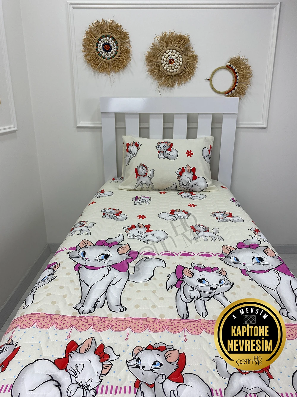 Çetinhome Tek Kişilik Kapitone Pike Seti 4 Mevsim Sevimli Kedi