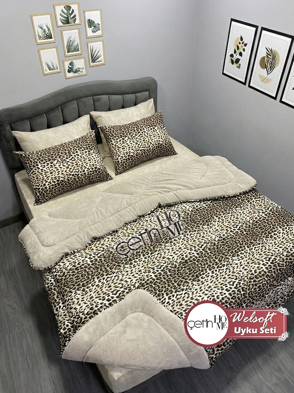 Çetinhome Çift Kişilik Çarşafı Lastikli Desenli Welsoft Yorgan Seti Leopar