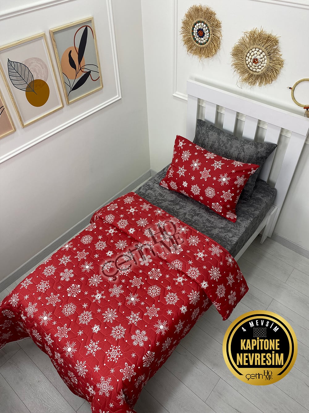 Çetinhome Tek Kişilik Çarşafı Lastikli Kapitone Pike Takımı 4 Mevsim Kar