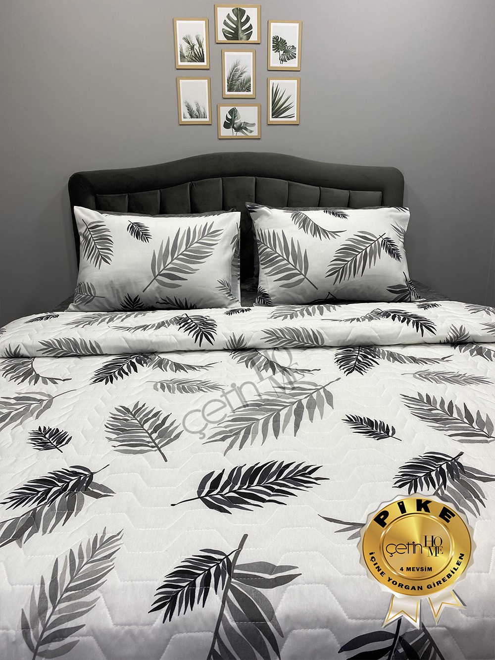 Çetinhome Çift Kişilik Çarşafı Lastikli Kapitone Pike Takımı 4 Mevsim Palm