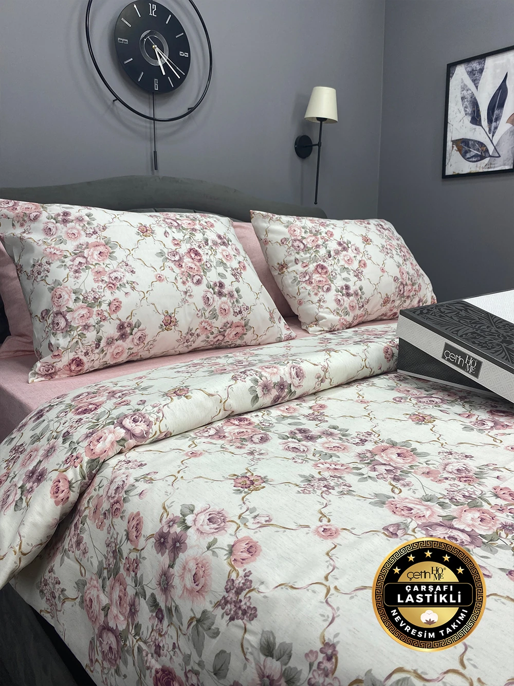 Çetinhome Çarşafı Lastikli Çift Kişilik Nevresim Takımı Güz Gülleri