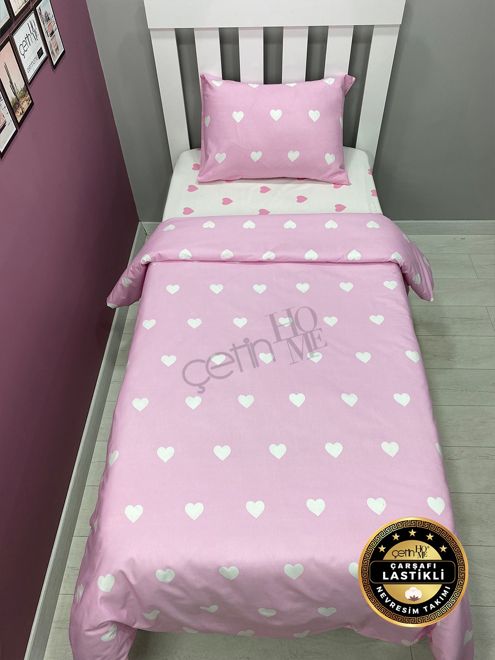 Çetinhome Çarşafı Lastikli Tek Kişilik Nevresim Takımı Pink Kalp