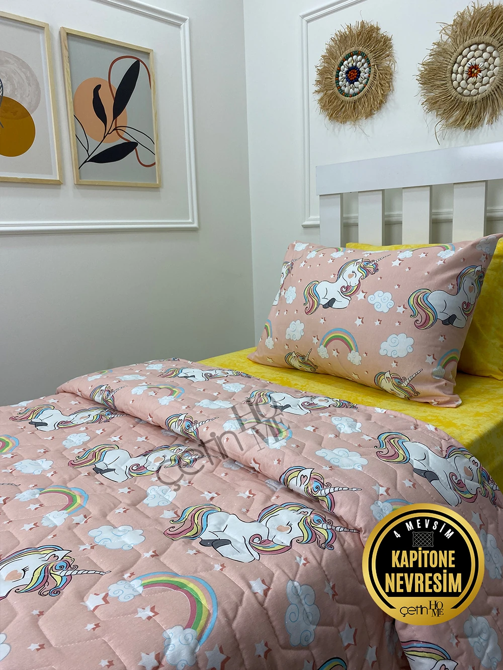 Çetinhome Tek Kişilik Çarşafı Lastikli Kapitone Pike Takımı 4 Mevsim Unicorn