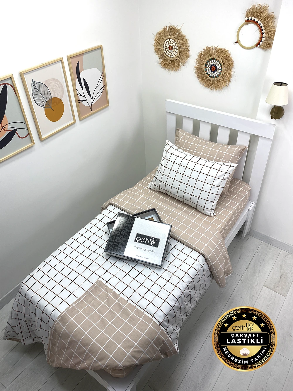 Çetinhome Çarşafı Lastikli Tek Kişilik Nevresim Takımı Kare Bej