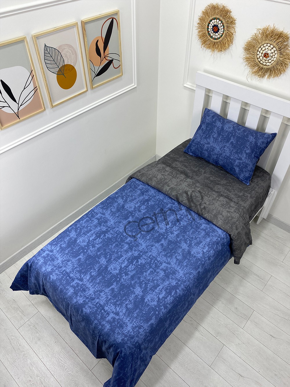 Çetinhome Çarşafı Lastikli Tek Kişilik Nevresim Takımı Indigo Antrasit