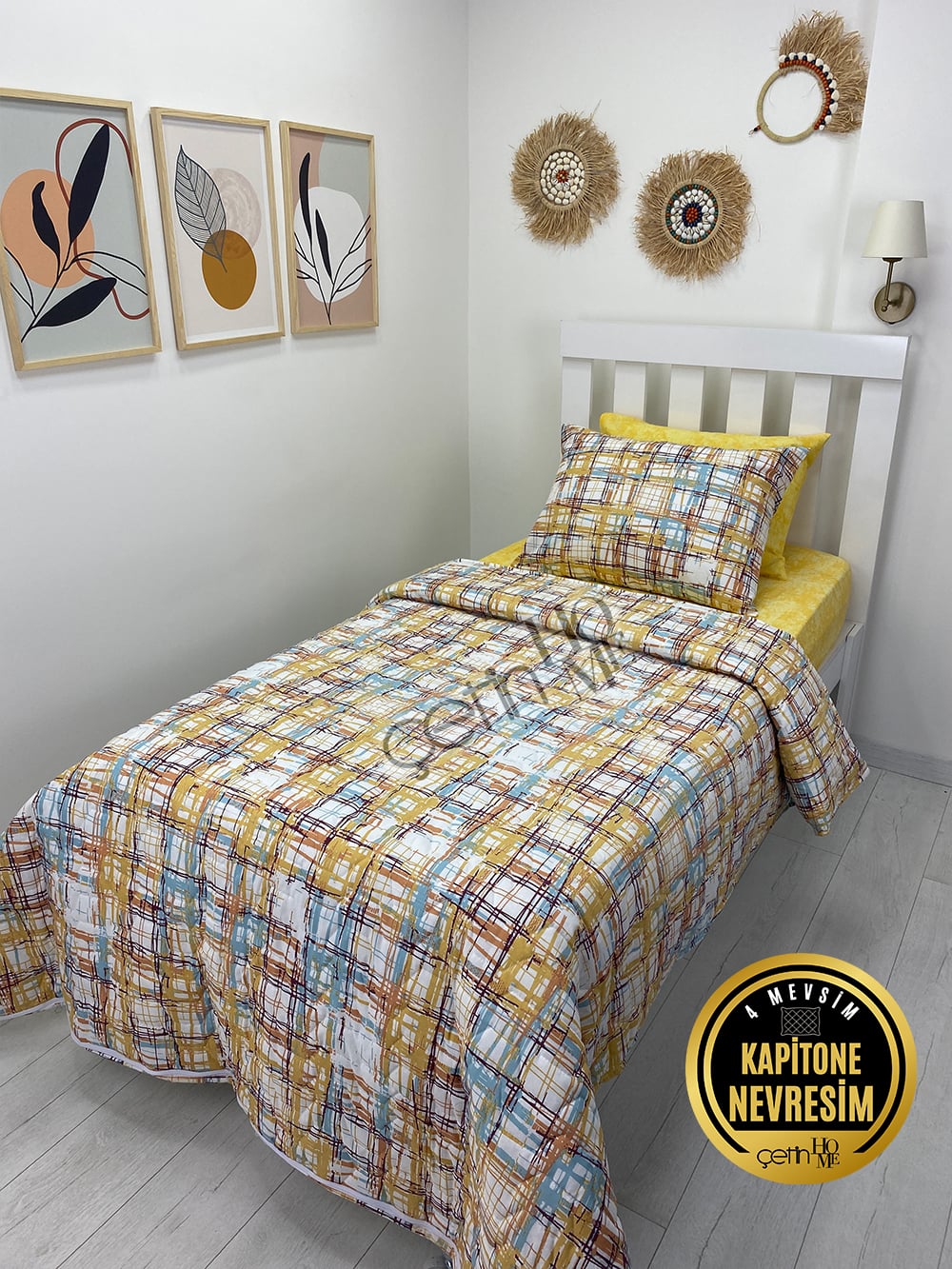 Çetinhome Tek Kişilik Çarşafı Lastikli Kapitone Pike Takımı 4 Mevsim Ebruli Sarı