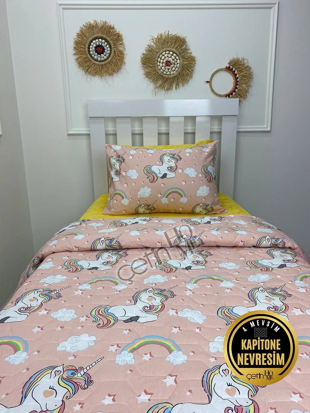 Çetinhome Tek Kişilik Çarşafı Lastikli Kapitone Pike Takımı 4 Mevsim Unicorn