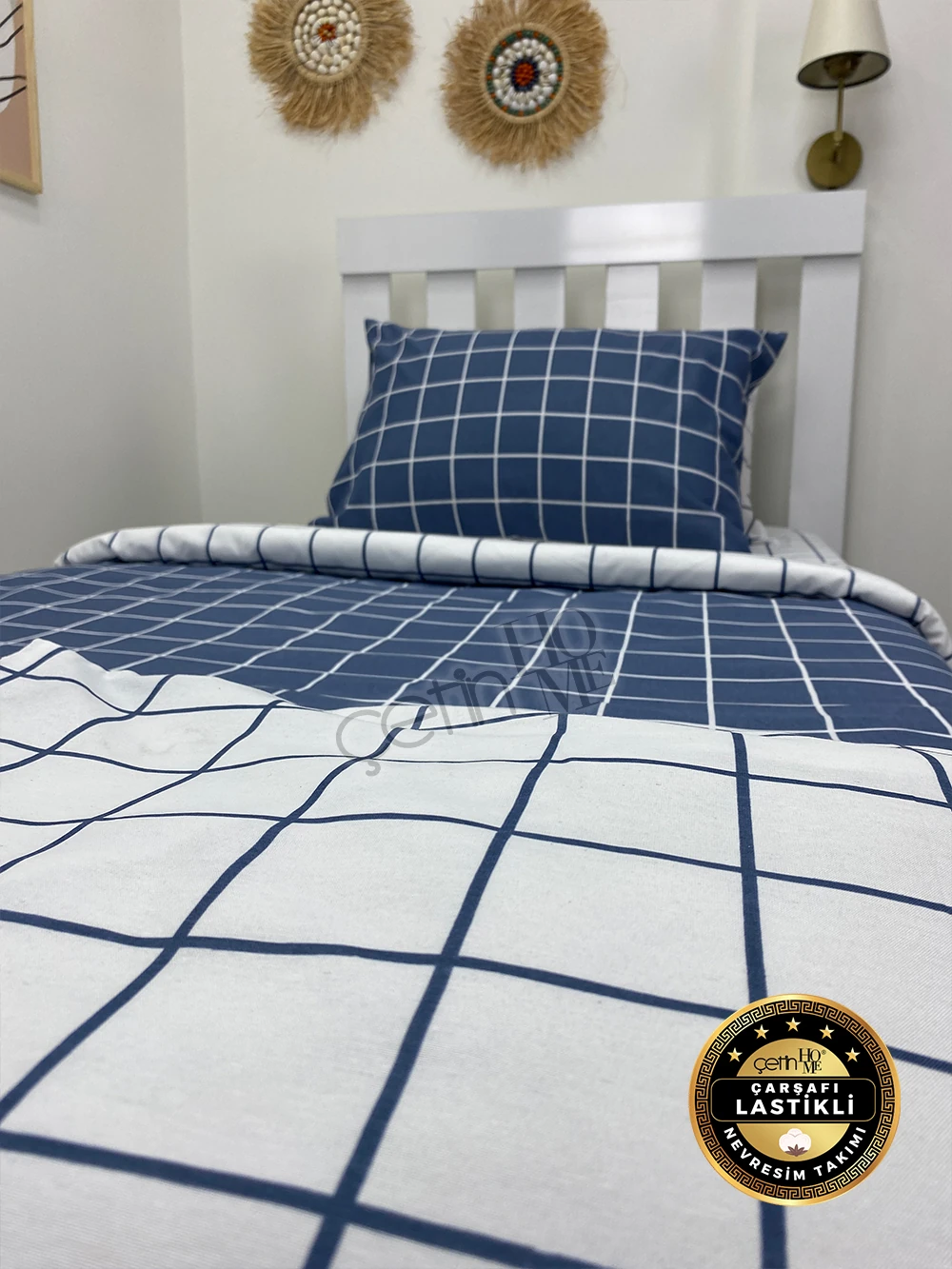 Çetinhome Çarşafı Lastikli Tek Kişilik Nevresim Takımı Kare Mavi-Beyaz