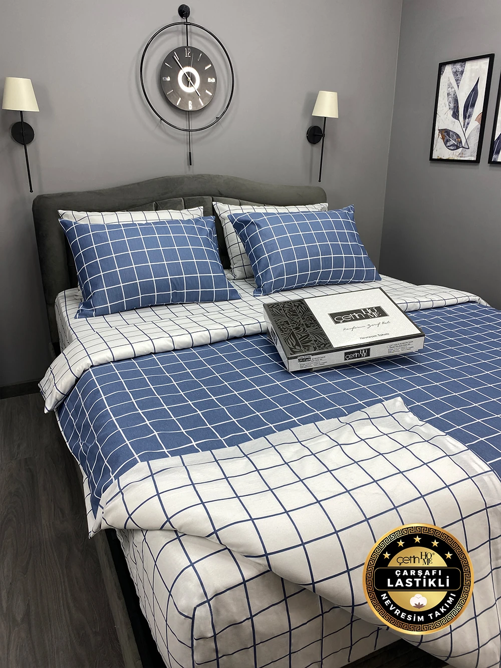 Çetinhome Çarşafı Lastikli Çift Kişilik Nevresim Takımı Kare Mavi