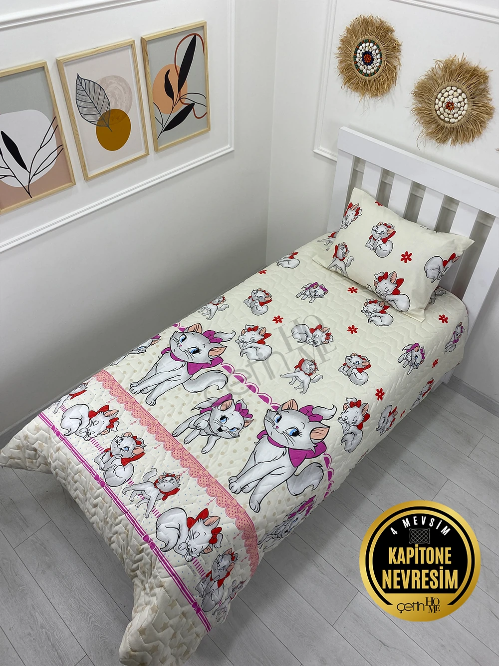 Çetinhome Tek Kişilik Kapitone Pike Seti 4 Mevsim Sevimli Kedi