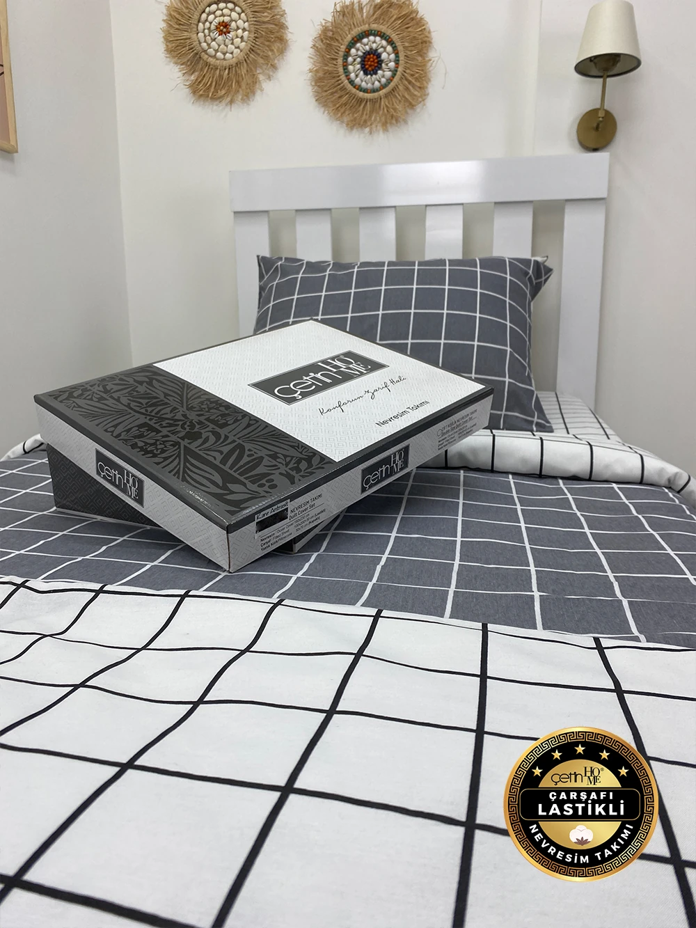 Çetinhome Çarşafı Lastikli Tek Kişilik Nevresim Takımı Kare Antrasit