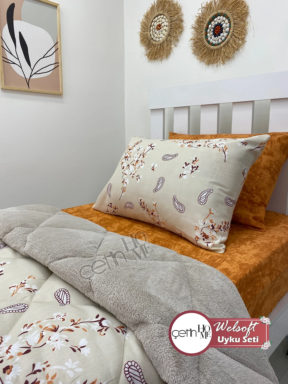 Çetinhome Tek Kişilik Çarşafı Lastikli Desenli Welsoft Yorgan Lavinya Bej