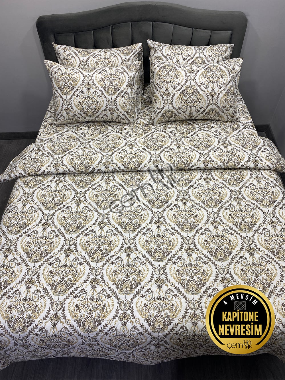 Çetinhome Çift Kişilik Çarşafı Lastikli Kapitone Pike Takımı 4 Mevsim Harem Gold