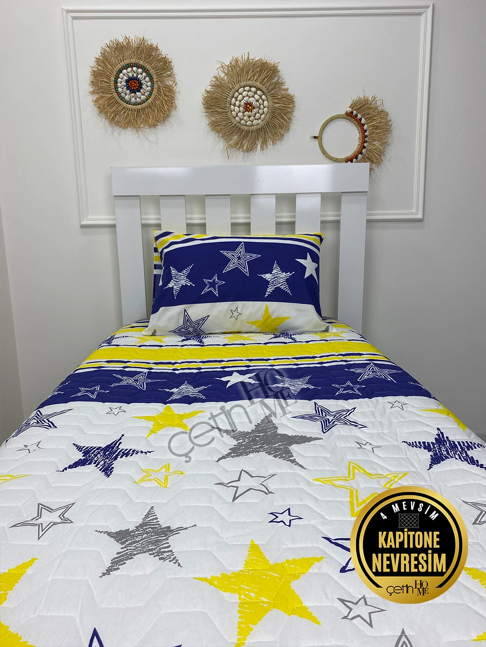 Çetinhome Tek Kişilik Kapitone Pike Seti 4 Mevsim Sarı Lacivert