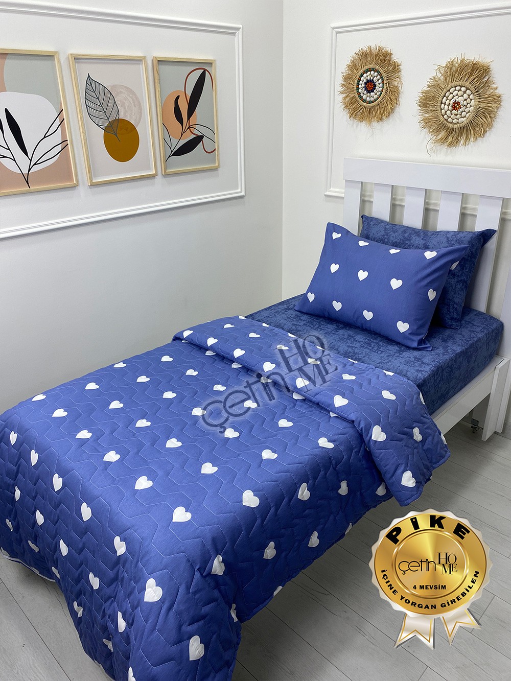 Çetinhome Tek Kişilik Çarşafı Lastikli Kapitone Pike Takımı 4 Mevsim Blue Kalp