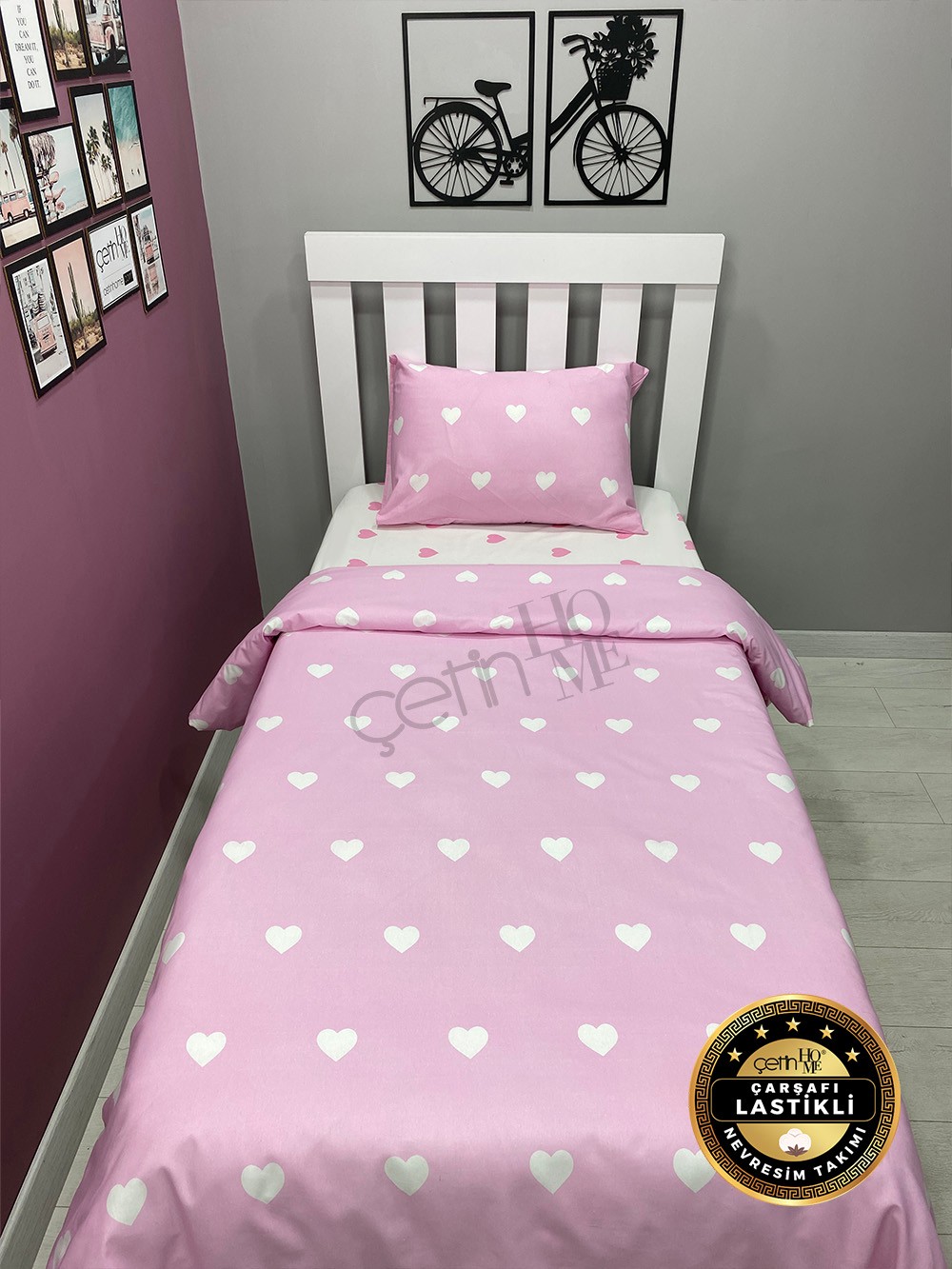 Çetinhome Çarşafı Lastikli Tek Kişilik Nevresim Takımı Pink Kalp