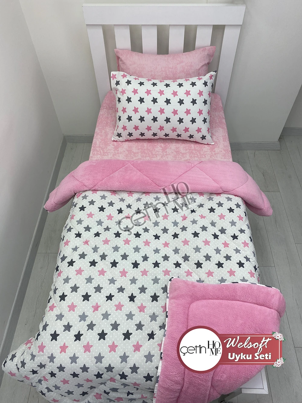 Çetinhome Tek Kişilik Çarşafı Lastikli Desenli Welsoft Yorgan Yıldız Pudra