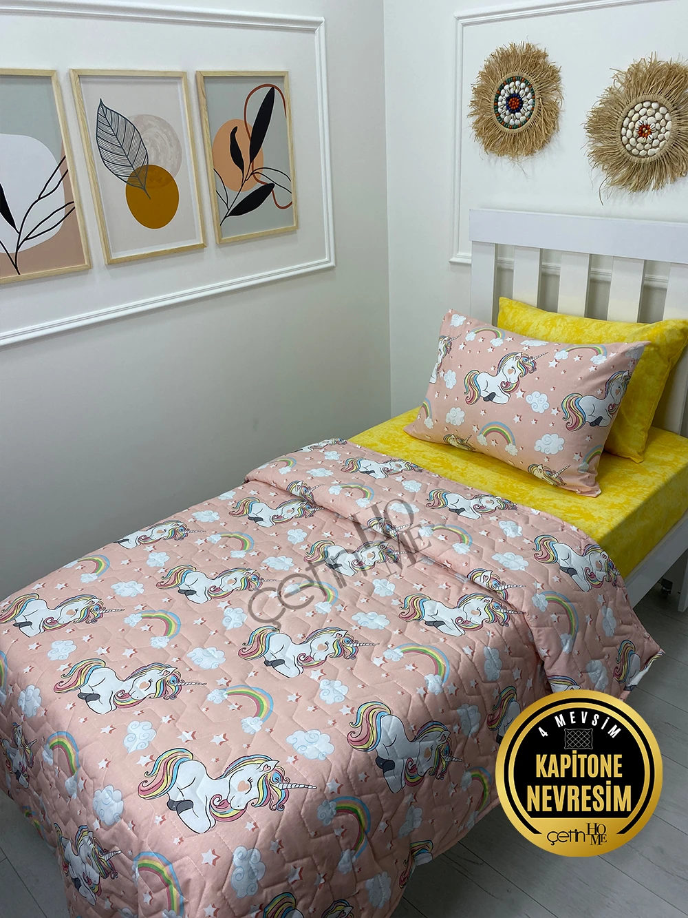 Çetinhome Tek Kişilik Çarşafı Lastikli Kapitone Pike Takımı 4 Mevsim Unicorn