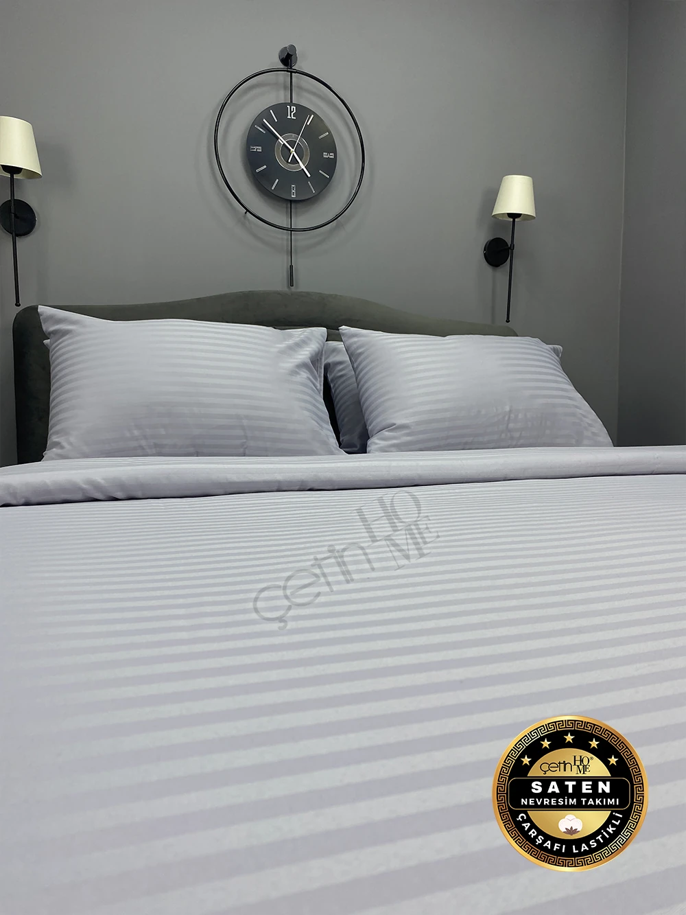 Çetinhome Çift Kişilik Çizgili Saten Nevresim Takımı