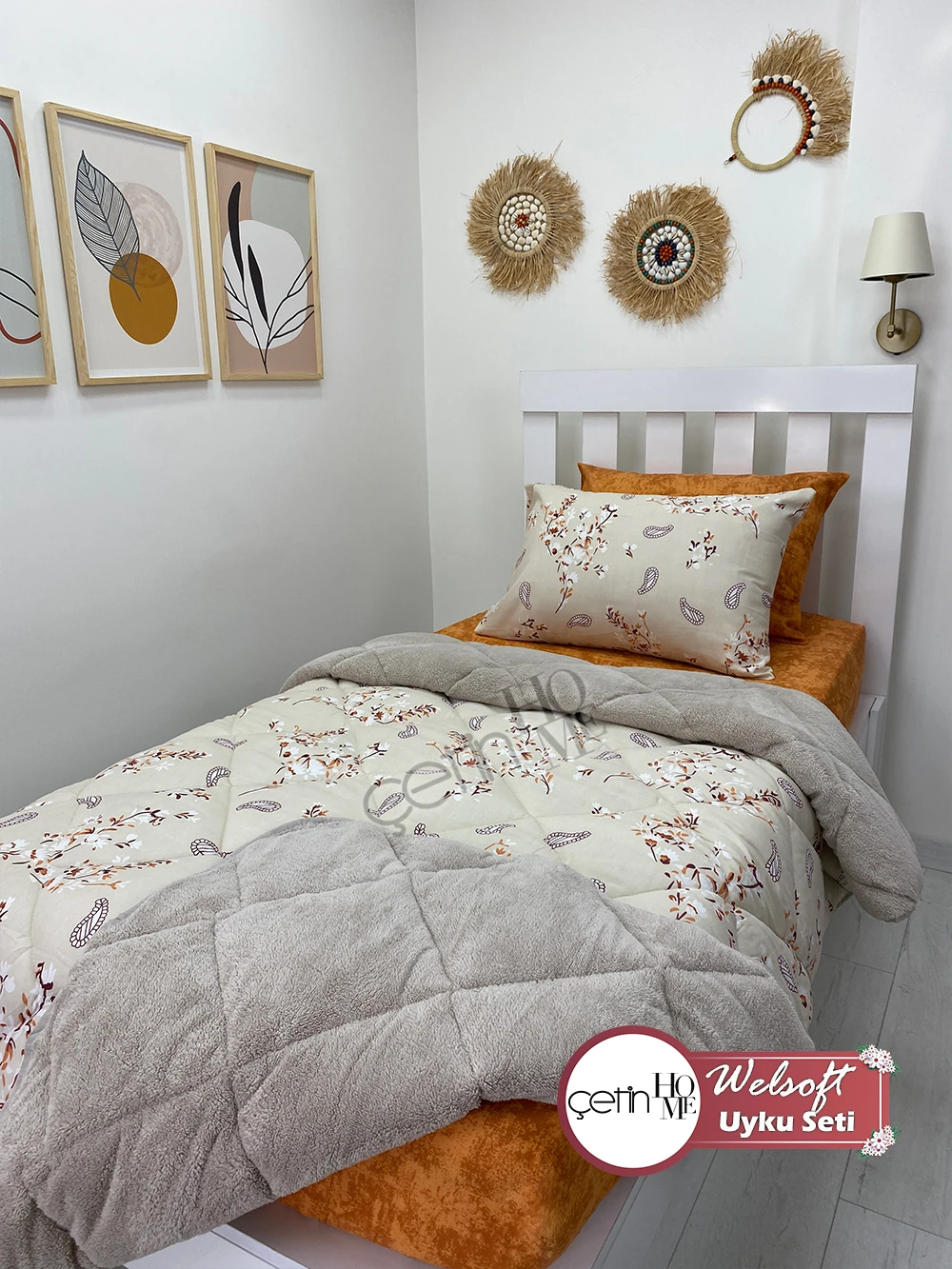 Çetinhome Tek Kişilik Çarşafı Lastikli Desenli Welsoft Yorgan Lavinya Bej