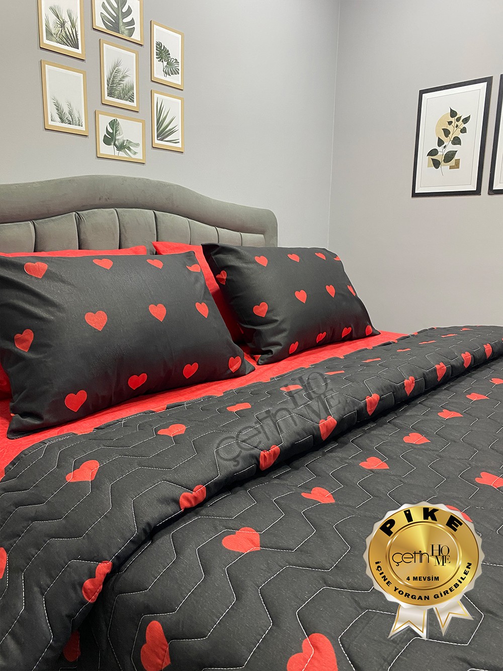 Çetinhome Çift Kişilik Çarşafı Lastikli Kapitone Pike Takımı 4 Mevsim Siyah Kalp