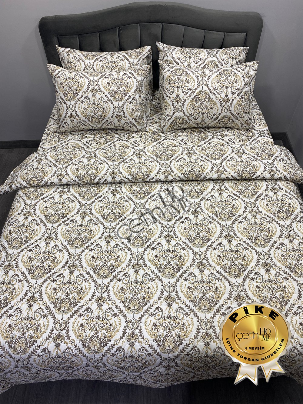 Çetinhome Çift Kişilik Çarşafı Lastikli Kapitone Pike Takımı 4 Mevsim Harem Gold