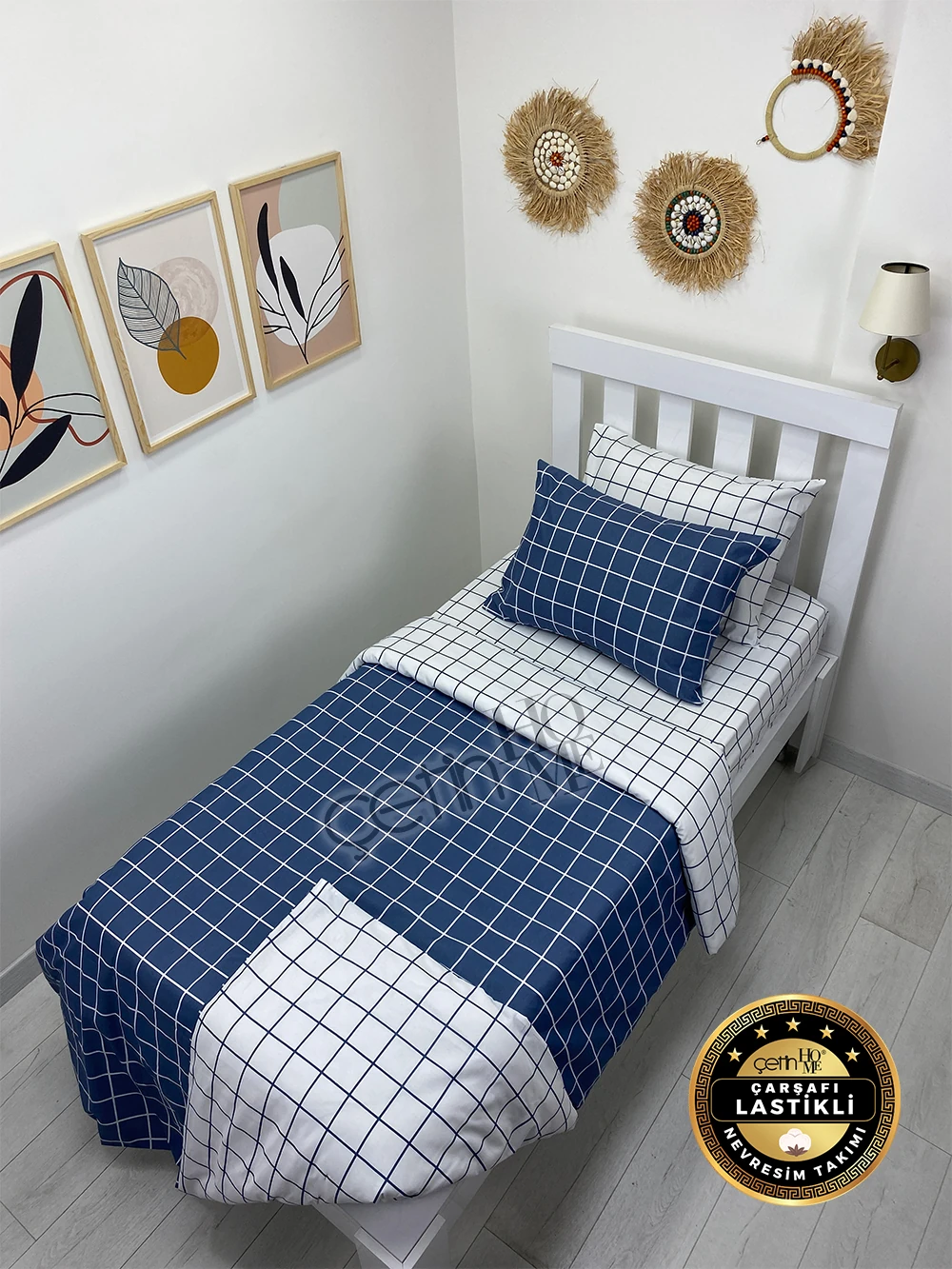 Çetinhome Çarşafı Lastikli Tek Kişilik Nevresim Takımı Kare Mavi-Beyaz