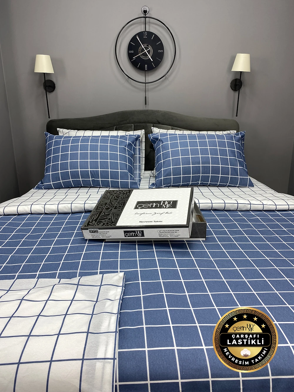 Çetinhome Çarşafı Lastikli Çift Kişilik Nevresim Takımı Kare Mavi