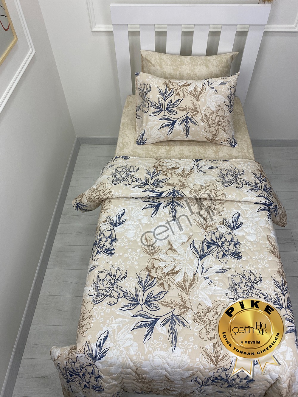 Çetinhome Tek Kişilik Çarşafı Lastikli Kapitone Pike Takımı 4 Mevsim Nilüfer