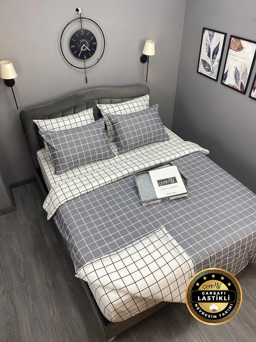 Çetinhome Çarşafı Lastikli Çift Kişilik Nevresim Takımı Kare Antrasit