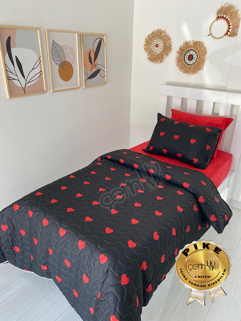 Çetinhome Tek Kişilik Çarşafı Lastikli Kapitone Pike Takımı 4 Mevsim Siyah Kalp