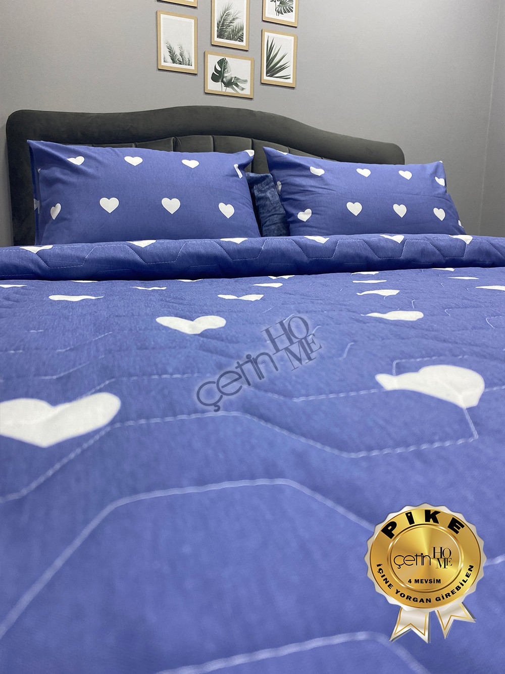 Çetinhome Çift Kişilik Çarşafı Lastikli Kapitone Pike Takımı 4 Mevsim Blue Kalp
