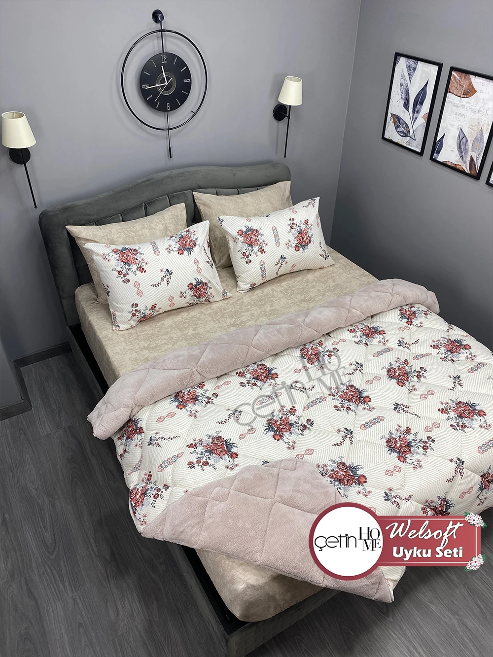 Çetinhome Çift Kişilik Çarşafı Lastikli Desenli Welsoft Yorgan Seti Hanzade